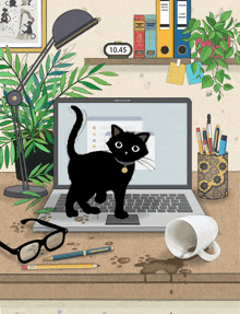 a black cat standing in front of a laptop with the time 10:45 on the clock