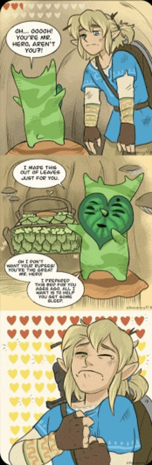 a cartoon of link talking to a green plant with a heart shaped face