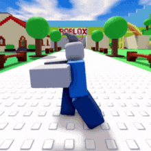 a roblox character is walking down a road