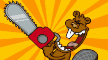 a cartoon beaver is holding a chainsaw with its mouth open