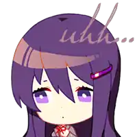 a drawing of a girl with purple hair and the word " uhh " on her head