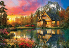 a painting of a house in the middle of a lake with mountains in the background