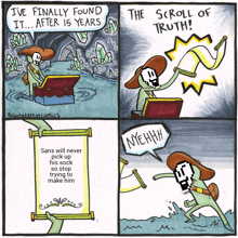 a cartoon of a skeleton holding a scroll of truth