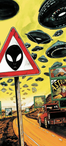 a cartoon illustration of flying saucers and a sign that says astown