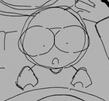 a black and white drawing of a cartoon character with a surprised face .