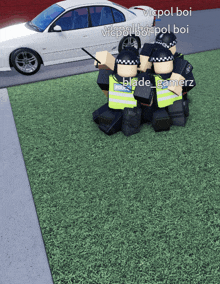 a group of police officers are sitting on the grass in front of a car