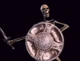 a skeleton is holding a sword and a shield .