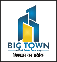 a blue and yellow logo for a real estate company called big town