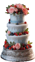 a three tiered cake with pink roses and blueberries on top