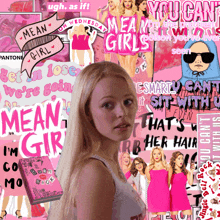 a girl in a pink dress is surrounded by mean girl stickers