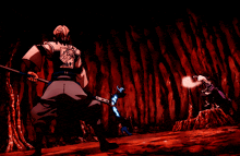 a man with a tattoo on his back is holding a sword in a dark cave