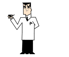 a cartoon man in a white coat and black tie is holding a gun .