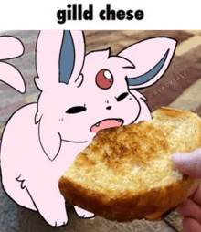a cartoon of a rabbit eating a piece of bread with a caption that says gilld cheese