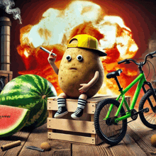 a potato is sitting on a wooden box next to a green bike and a watermelon