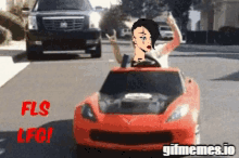 a cartoon of a woman driving a red toy car with the words fls lfc written on the bottom