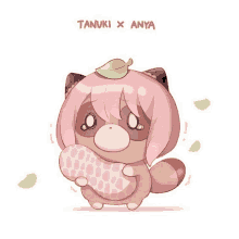 a tanuki holding a peanut with a leaf on its head