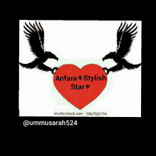 a logo for anfara stylish star with two birds holding a red heart