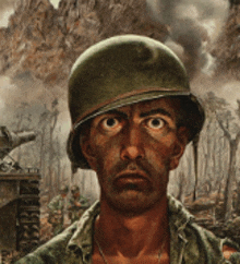 a painting of a man wearing a helmet and looking at the camera