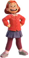 a girl with red hair and glasses is wearing a red sweater and purple skirt