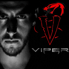 a black and white photo of a man with a viper logo in the background