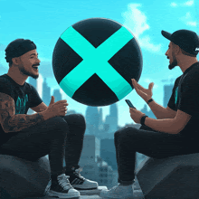 two men are sitting next to each other with an x on a ball in the middle