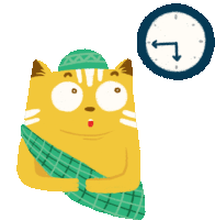 a cartoon cat wearing a green hat and a green scarf is standing next to a clock