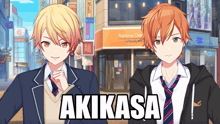 two anime characters standing in front of a rainbow crepe store