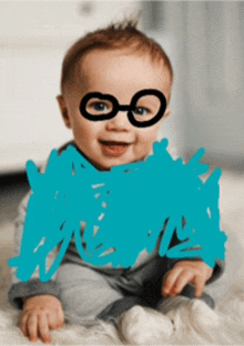 a baby wearing glasses is sitting on a blanket