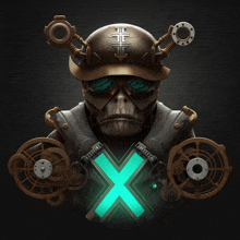 a monkey wearing a helmet and goggles has a glowing x in front of him