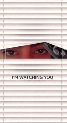 a person looking through blinds with the words i 'm watching you