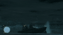 a video game scene with a boat in the water