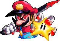 a cartoon drawing of mario holding a bloody knife and a star