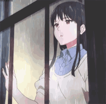 a girl is standing in the rain looking out a window with a watermark that says ohayocelestia