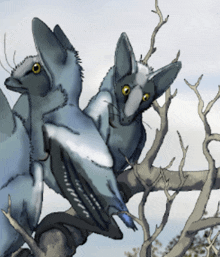 a drawing of three birds sitting on a branch