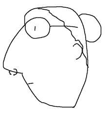 a black and white drawing of a person 's face with glasses and a bun on their head .