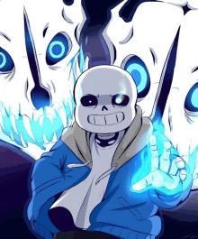 a drawing of a skeleton with blue eyes and a blue flame in his hand