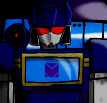 a cartoon drawing of a robot with red eyes and a purple arrow on his chest