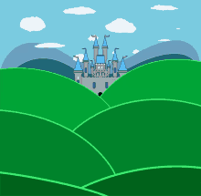 a cartoon castle sits on top of a hill surrounded by green hills