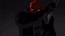 a cartoon character in a red mask is holding a knife in his hand .