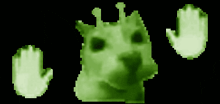 a green pixelated image of a cat and a hand on a black background