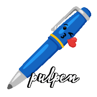 an illustration of a blue pen with a face and the word pulpen below it