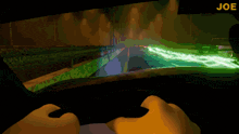 a computer generated image of a person driving a car with the word joe at the bottom