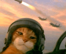 a cat wearing a pilot 's helmet looks at a rocket flying in the sky .