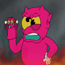 a cartoon of a pink monster holding a puppet