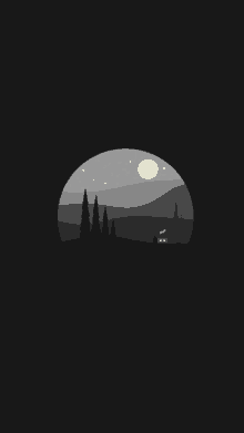 a black and white illustration of a night sky with a full moon , trees , and a house .