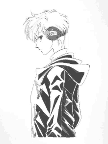 a black and white drawing of a boy wearing headphones with the letter o on them