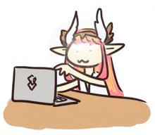 a drawing of a girl with wings using a laptop