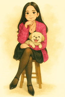 a girl in a pink sweater is sitting on a stool holding a small dog