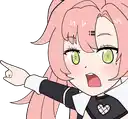 a cartoon girl with pink hair and green eyes is pointing at something with her finger .