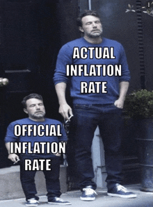 a man standing next to a smaller man with the words actual inflation rate official inflation rate written on it